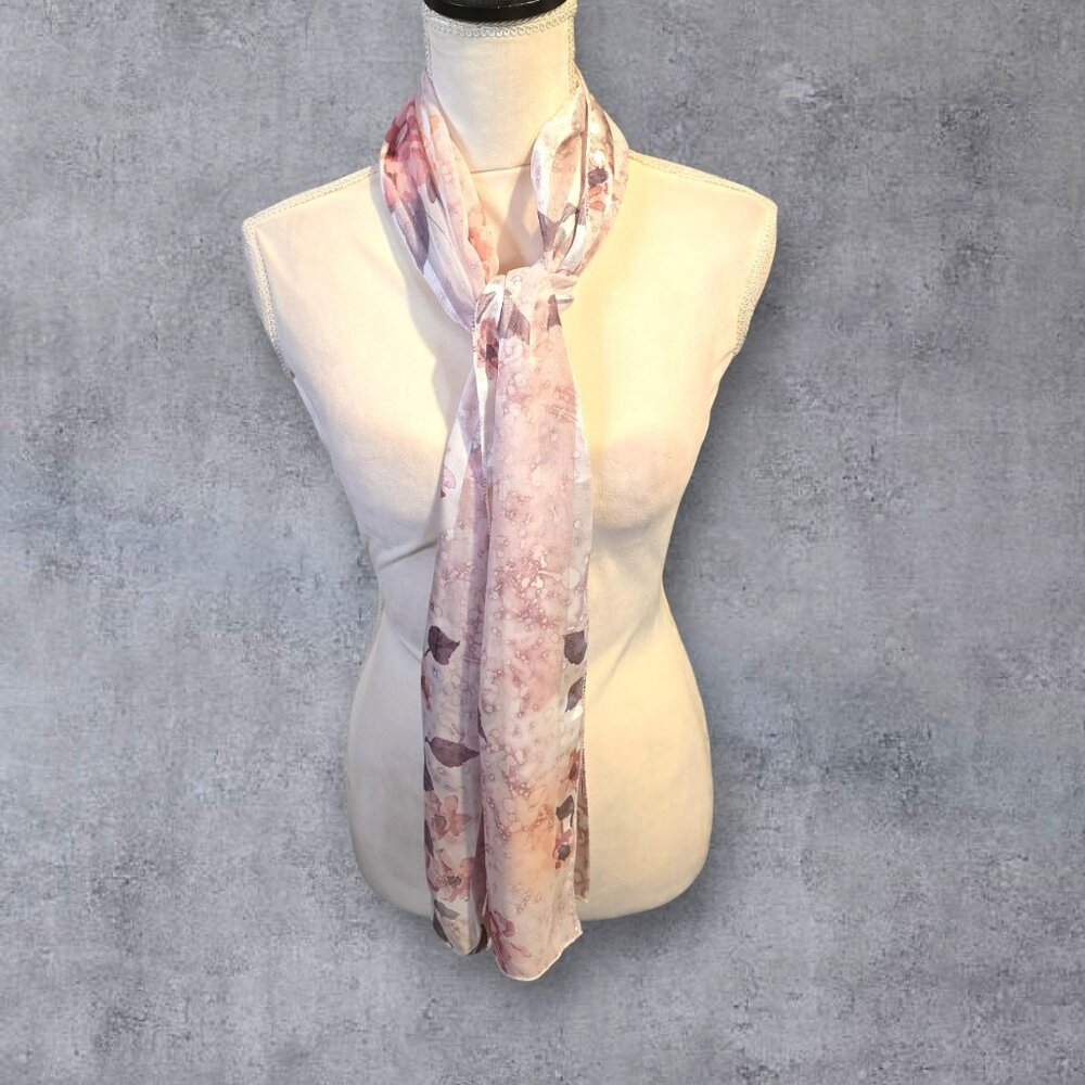 Korean Dress Scarf in Pastel Pink with Purple and‎ Orange Leaves - NWOT - Picture 4 of 5